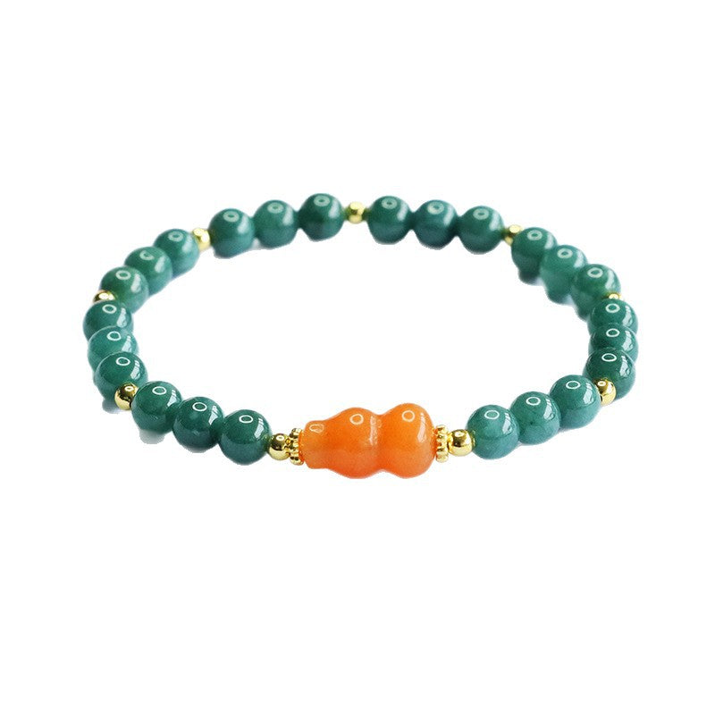 Blue Water Jadeite Jade Beaded Bracelet with Orange Jinsiyu Gourd Accent