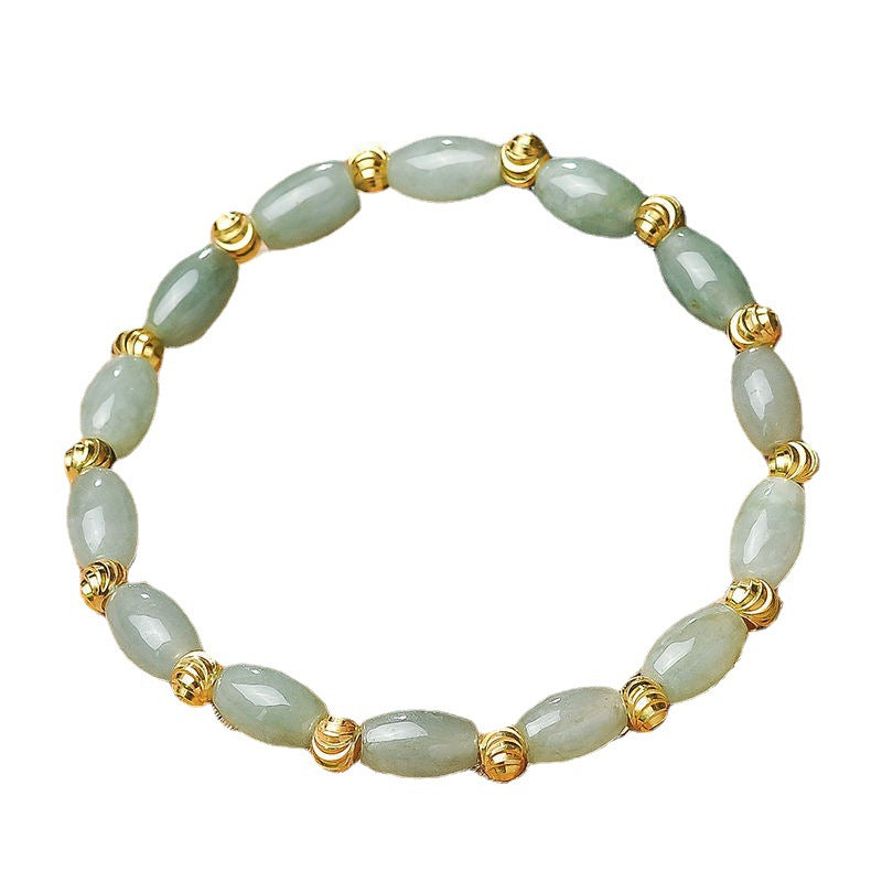 rade A Jadeite Jade Rice Bead and Ribbed Gold Spacer Bracelet