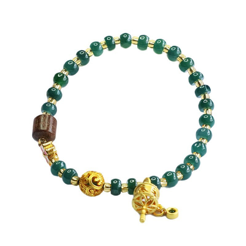 Blue Water Jadeite Abacus Bead Bracelet with Wooden Accent and Floral Charm