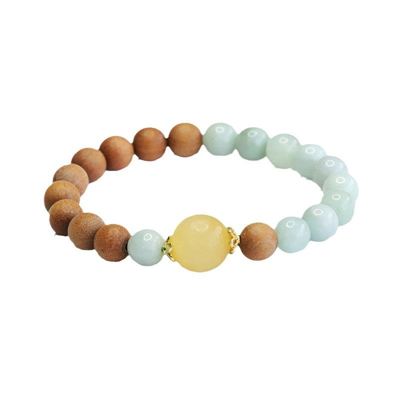 Jadeite Jade and Sandalwood Beaded Bracelet with Yellow Stone Focal Bead