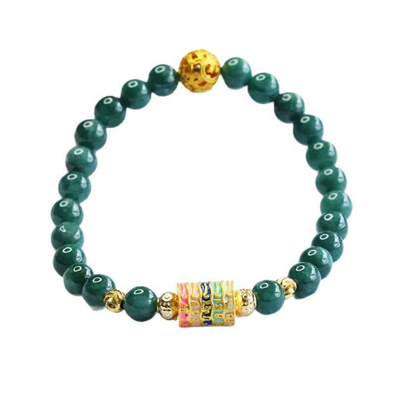 Blue Water Jadeite Jade Beaded Bracelet with Five-Script Scripture Tube Charm