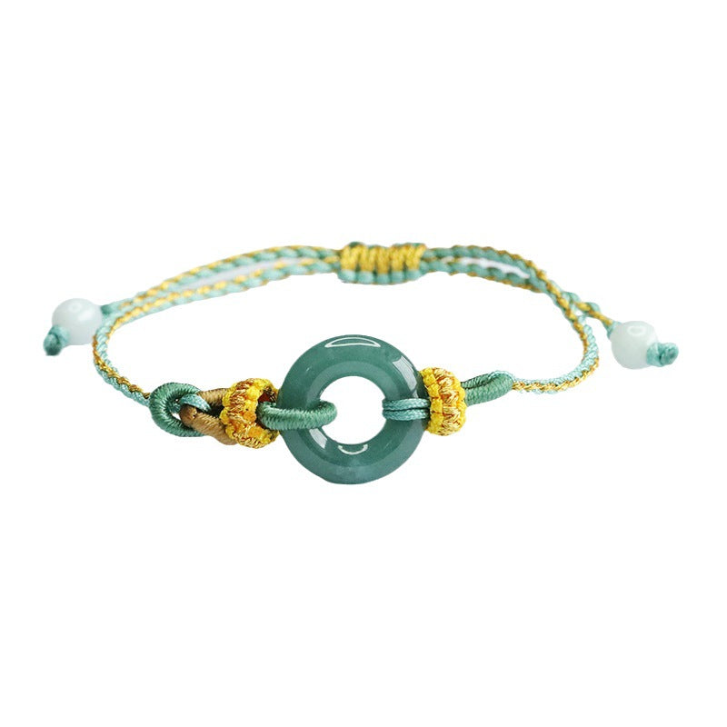 Blue Water Jadeite Peace Buckle Braided Cord Bracelet