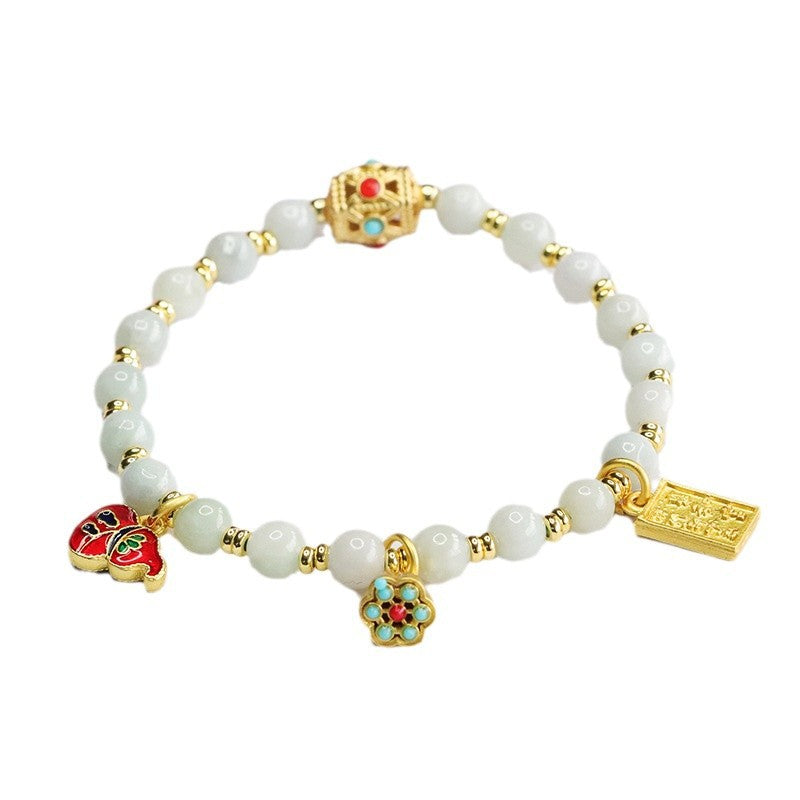 Burmese Grade A Jadeite Jade Beaded Bracelet with Retro Enamel and Gemstone Charms