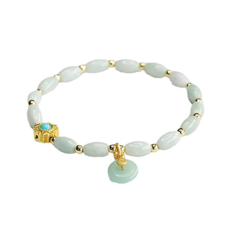 Burmese Grade A Jadeite Rice Bead Bracelet with Ping An Kou Charm and Turquoise Accent