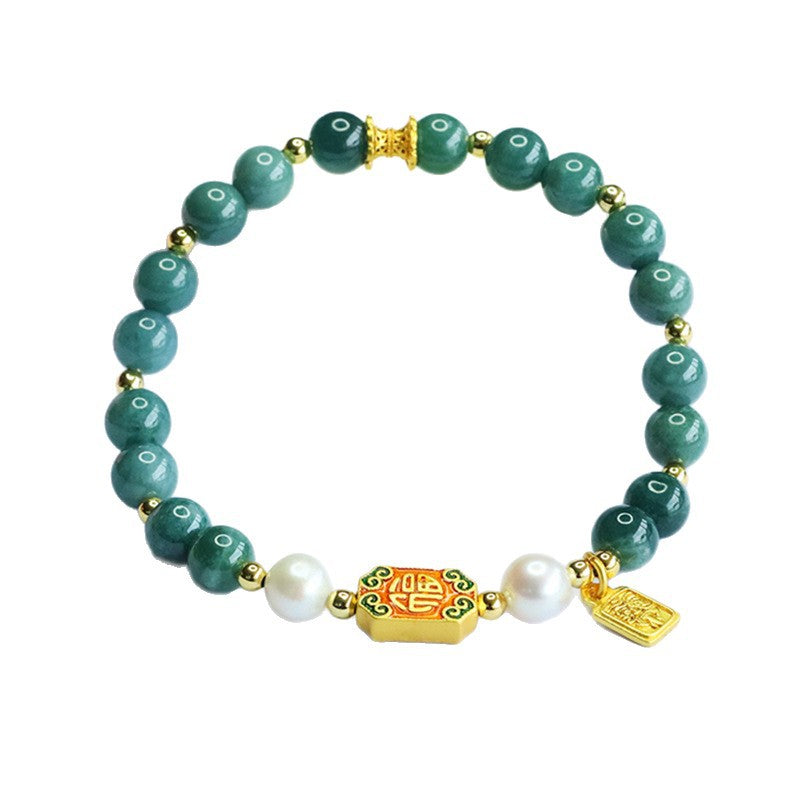 Blue Water Jadeite Jade and Pearl Beaded Bracelet with "Fu" Wealth Charm