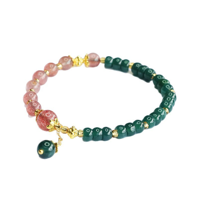 Blue Water Jadeite Jade and Strawberry Quartz Beaded Bracelet with Dangle Charm