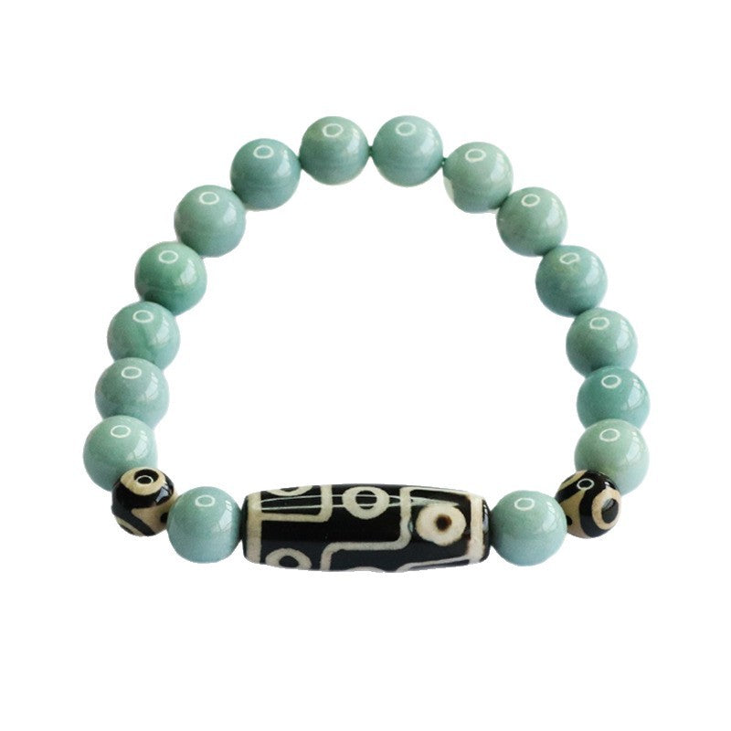 Blue Water Jadeite Jade and Dzi Agate Beaded Bracelet