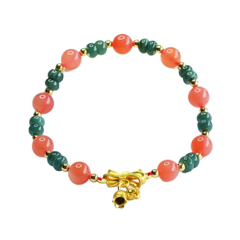 Blue Water Jadeite Jade and Agate Beaded Bracelet with Bow and Bell Charm