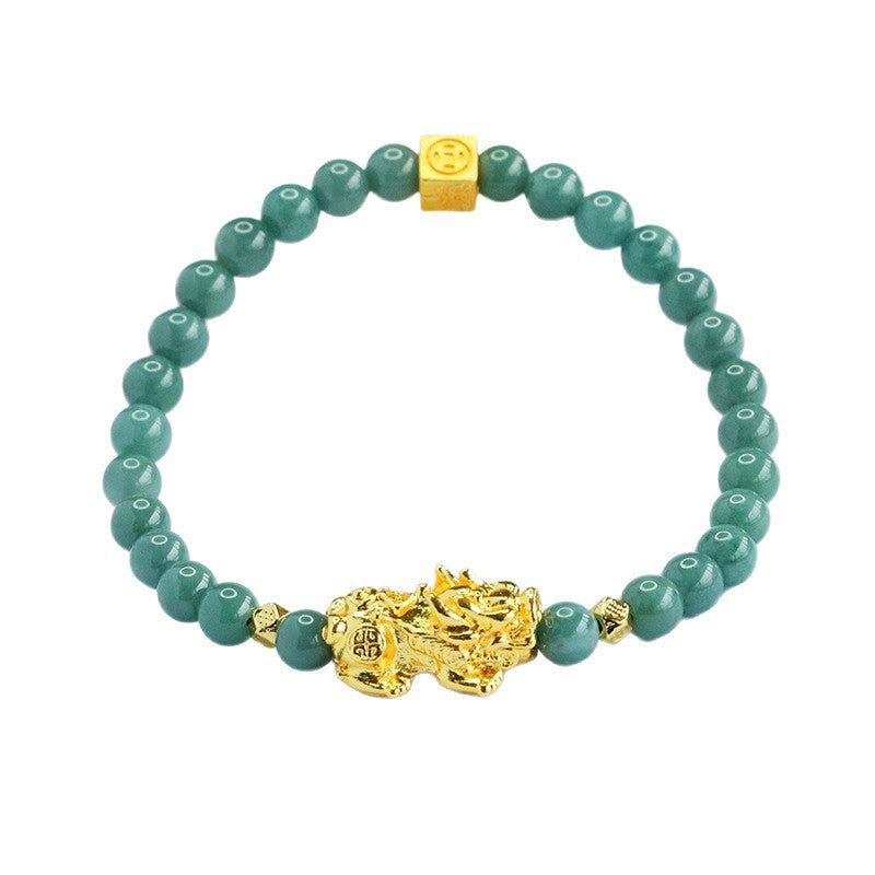 Blue Water Jadeite Jade Beaded Bracelet with Gold-Tone Pi Xiu Centerpiece