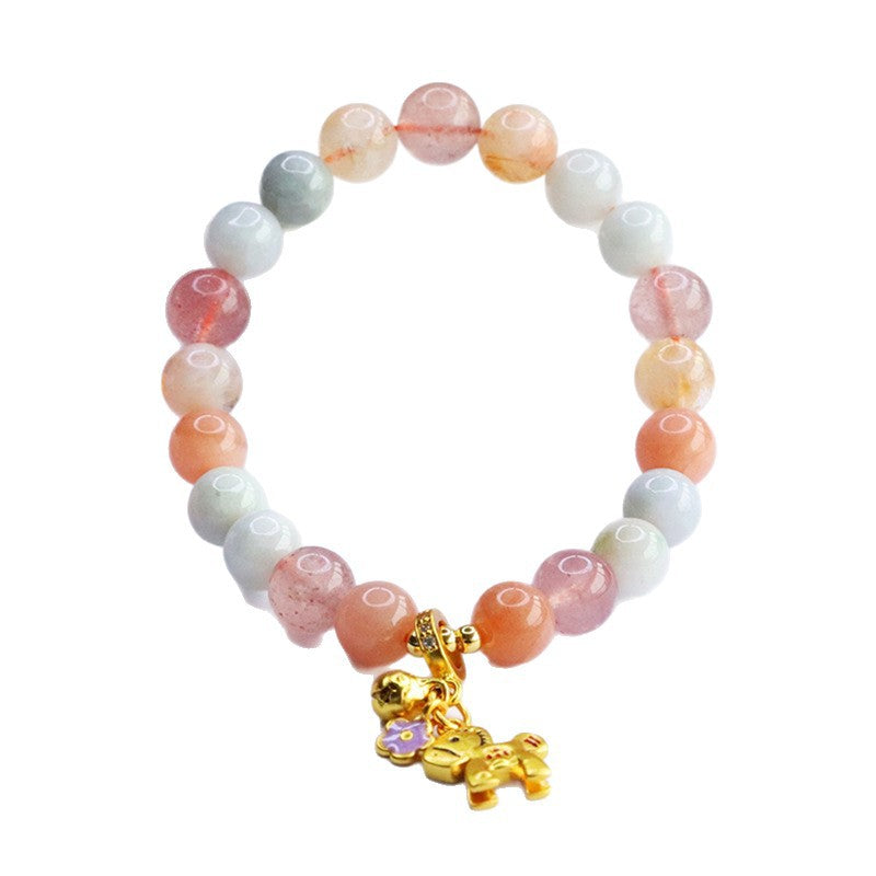 Burmese Grade A Jadeite and Strawberry Quartz Multi-Gemstone Beaded Bracelet with Horse Charm