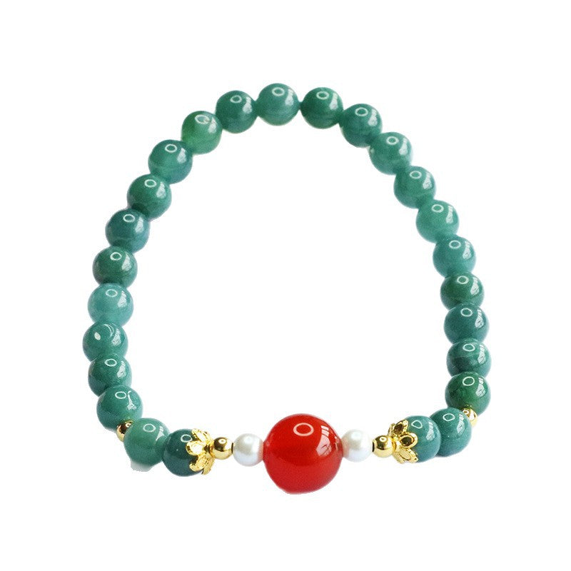 Blue Water Jadeite Jade and Red Agate Beaded Bracelet with Pearl Accents