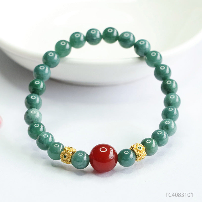 Blue Water Jadeite Jade and Red Agate Beaded Bracelet with Gold-Tone Spacers