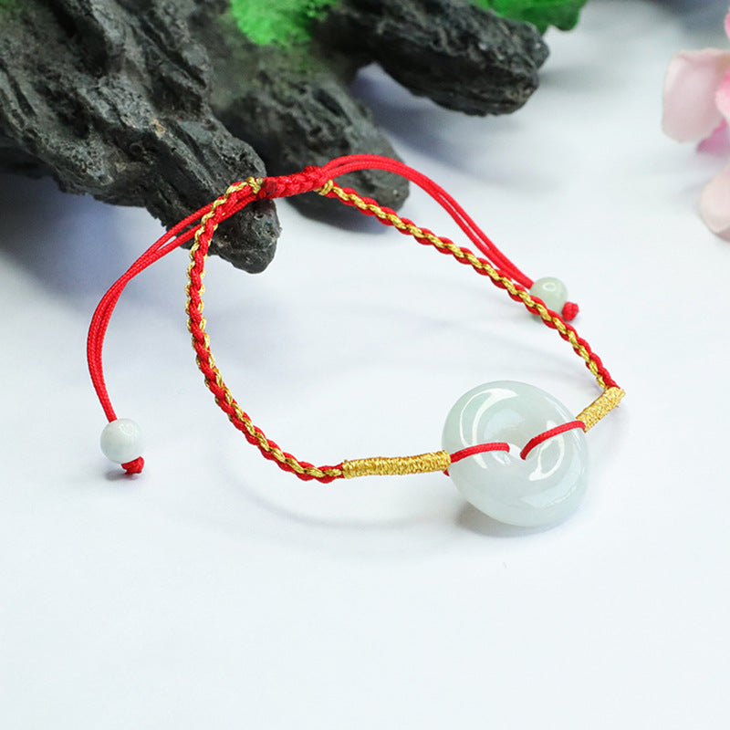 Burmese Grade A Jadeite Ping An Kou Woven Red Cord Bracelet