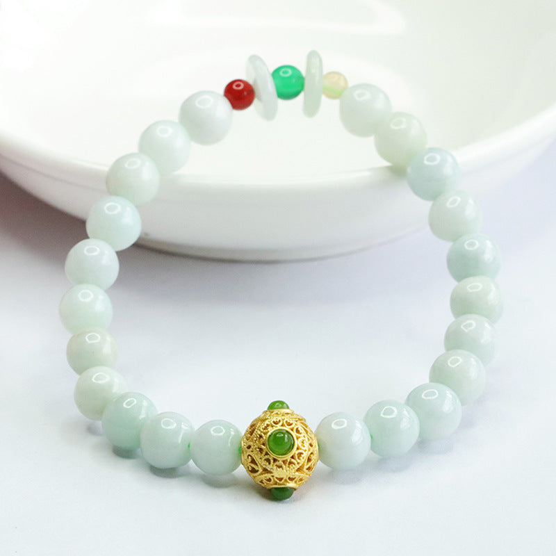 Burmese Grade A Jadeite Jade Beaded Bracelet with Filigree Sphere and Safety Buckle Accents