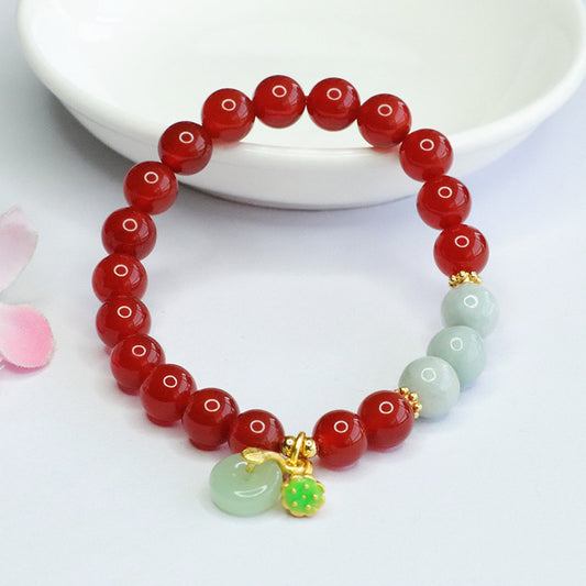 Red Agate and Jadeite Jade Beaded Bracelet with Dangle Charms