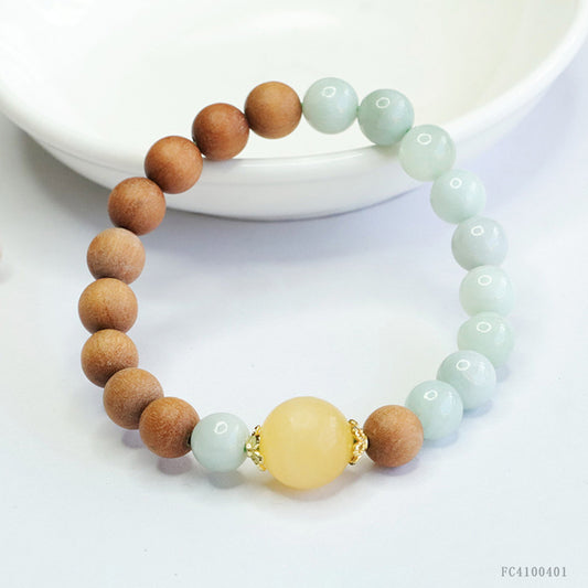 Jadeite Jade and Sandalwood Beaded Bracelet with Yellow Stone Focal Bead