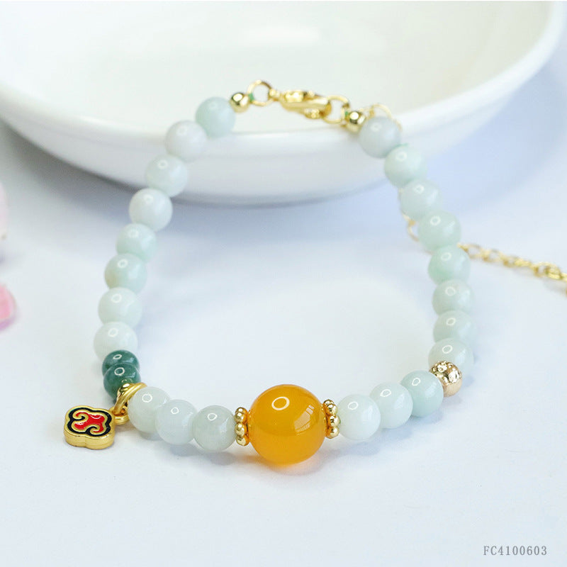 Burmese Grade A Jadeite Beaded Bracelet with Yellow Chalcedony Accent and Ruyi Charm