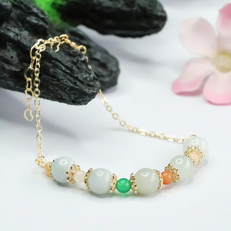 Jadeite Jade Beaded Bracelet with Gold-tone Chain and Accents