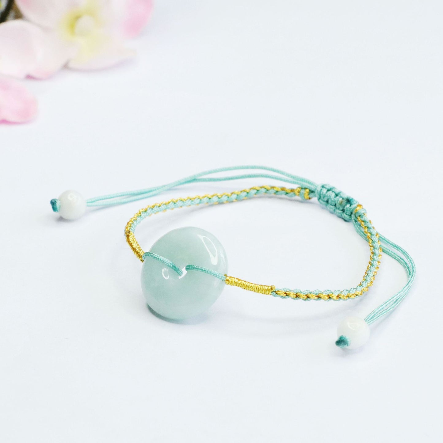 Burmese Grade A Jadeite Ping An Kou Woven Cord Bracelet