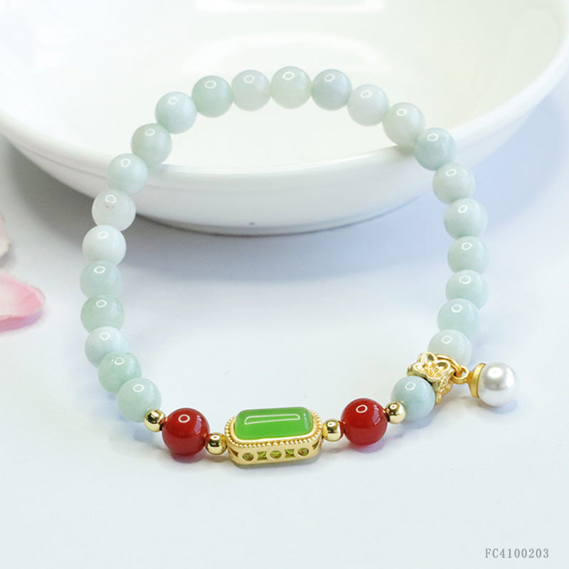 Burmese Grade A Jadeite Beaded Bracelet with Green Jadeite Plaque, Red Agate, and Pearl Charm
