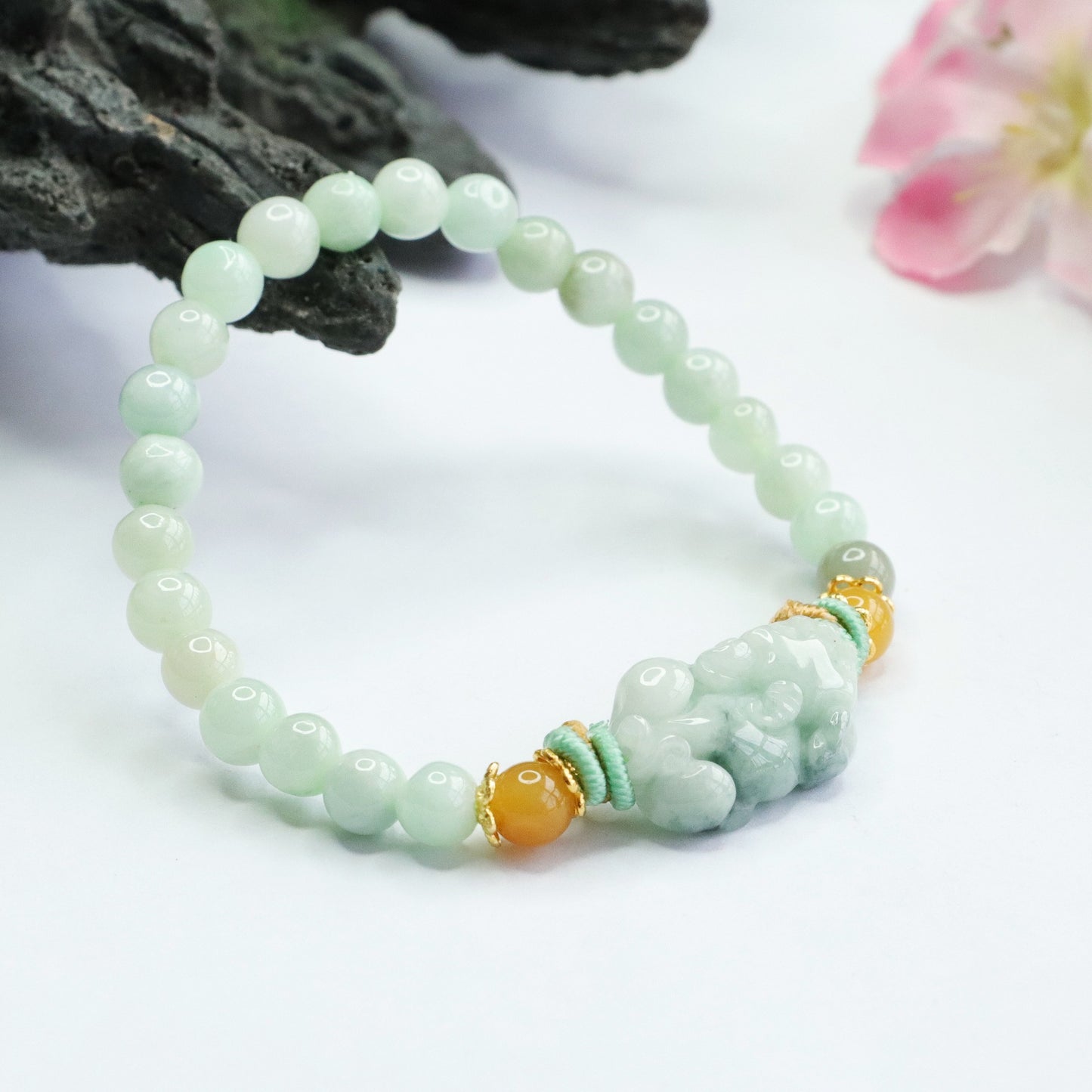 Burmese Grade A Jadeite Jade Pi Xiu Beaded Bracelet with Yellow Jade and Cord Accents