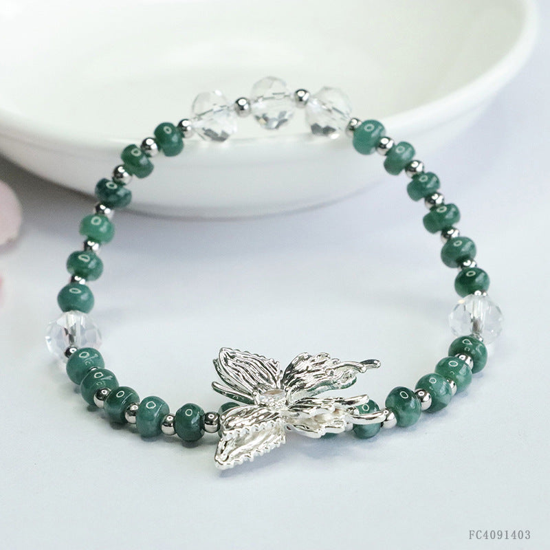Blue Water Jadeite Abacus Bead and Silver Butterfly Beaded Bracelet
