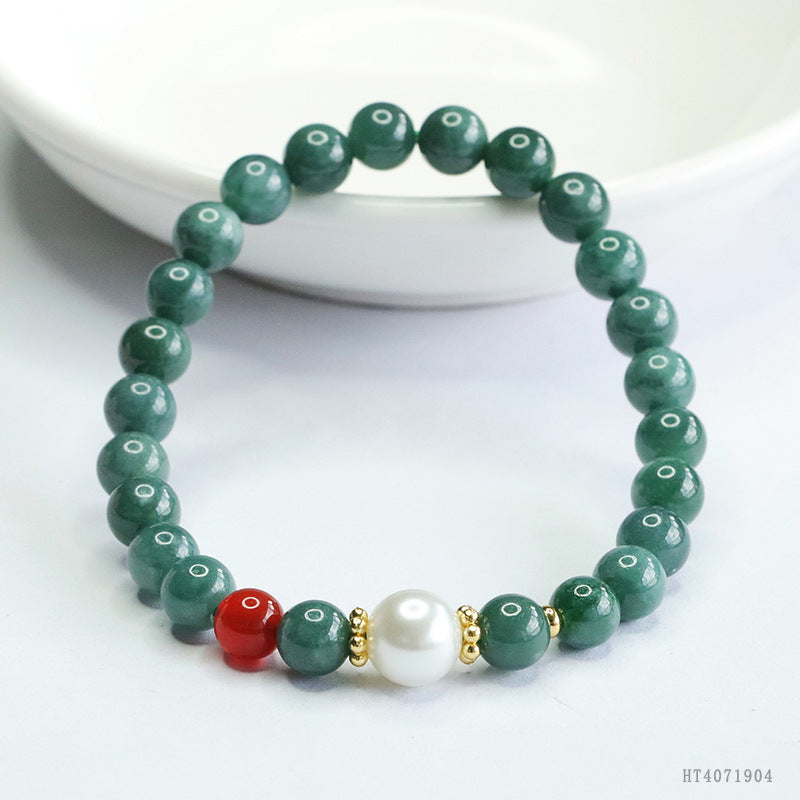 Blue Water Jadeite Jade Beaded Bracelet with Pearl and Red Agate Accent