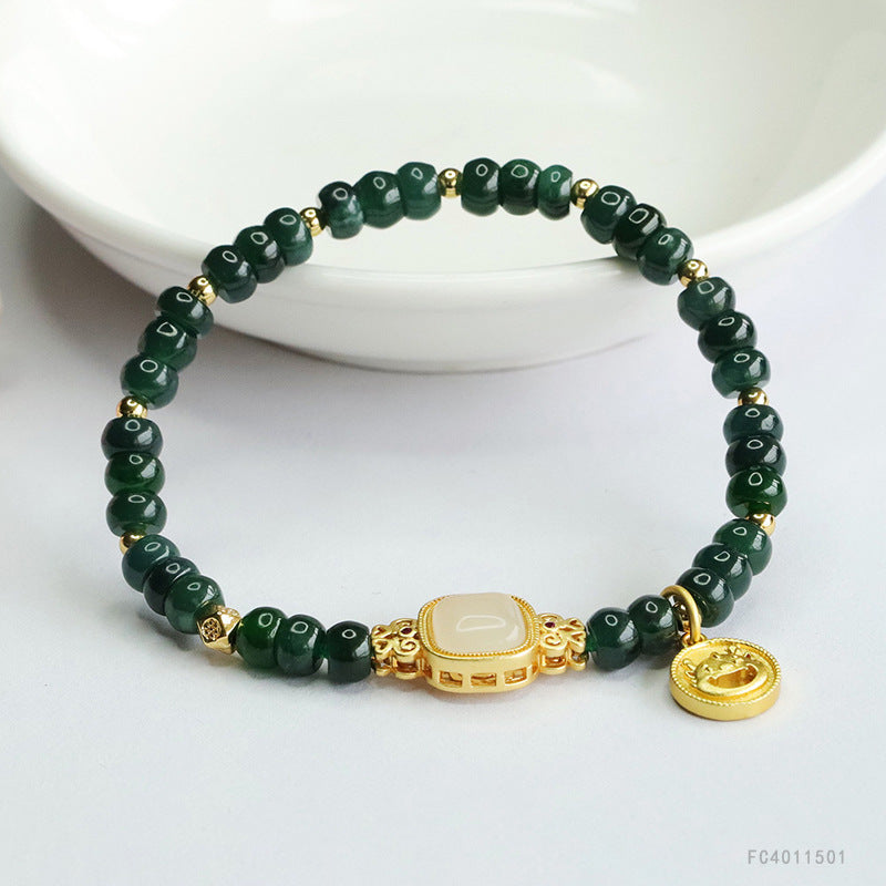 Blue Water Jadeite Abacus Bead Bracelet with Square Focal and Coin Charm