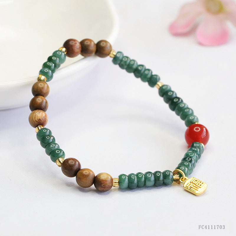 Blue Water Jadeite Abacus Bead and Red Agate Beaded Bracelet
