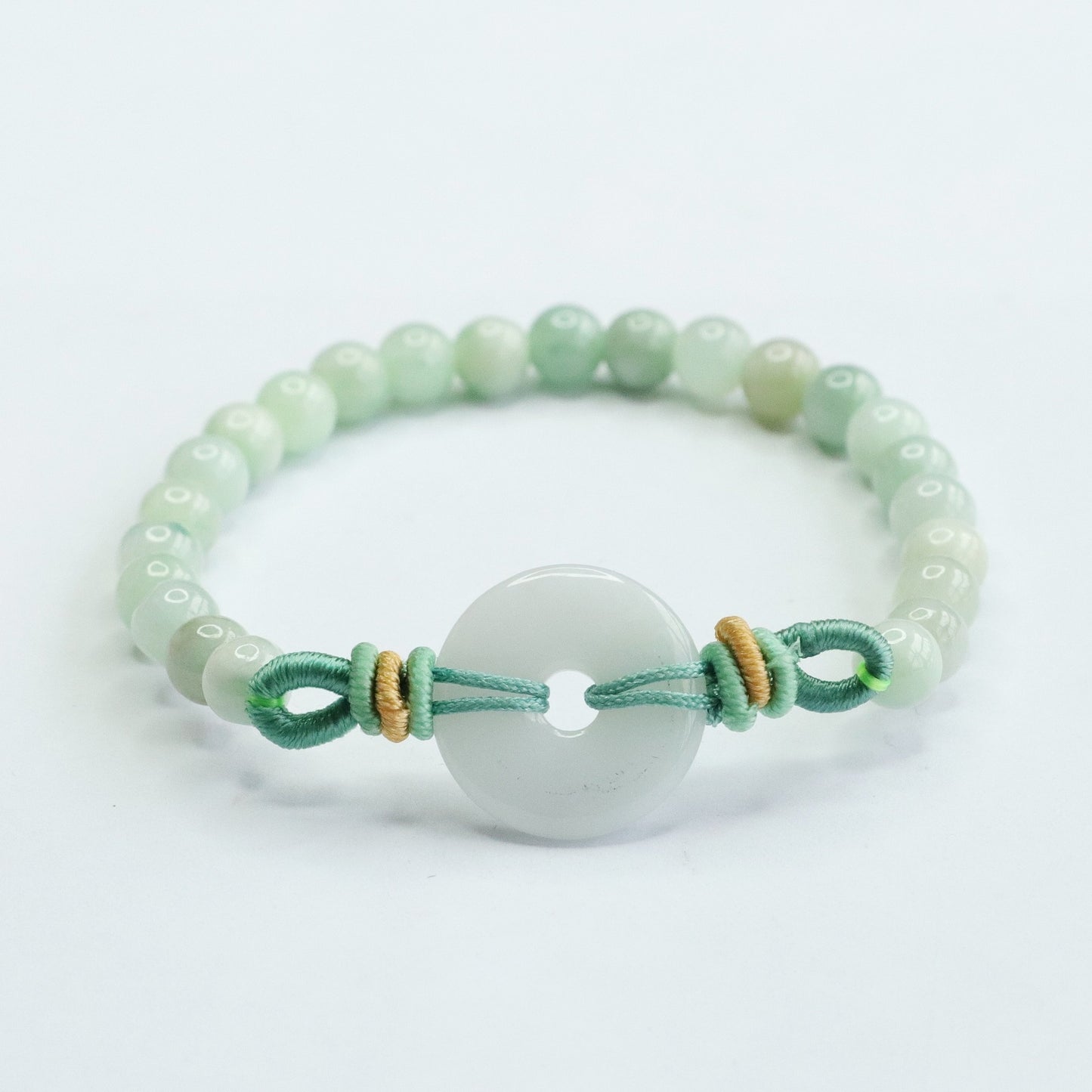 Blue Water Jadeite Jade Beaded Bracelet with Ping An Kou Centerpiece