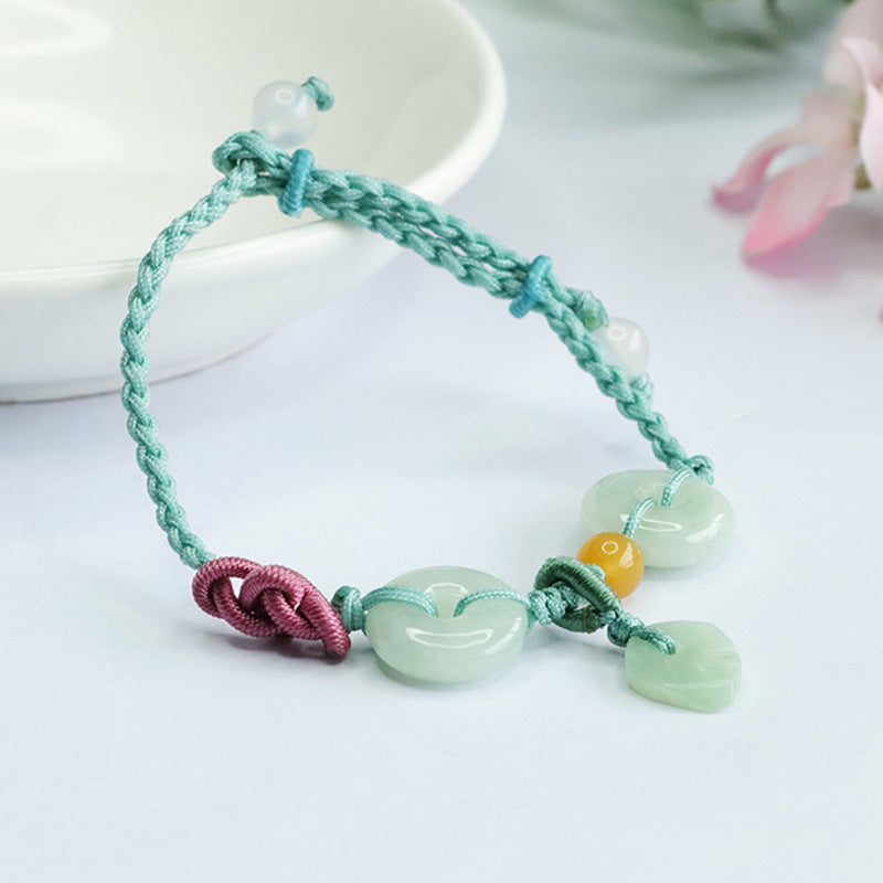 Burmese Grade A Jadeite Jade Safety Buckle and Leaf Braided Cord Bracelet