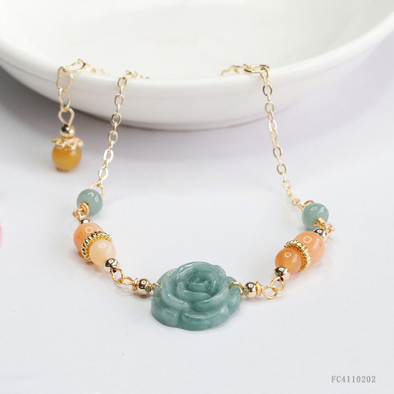 lue Water Jadeite Peony Flower and Gemstone Chain Bracelet