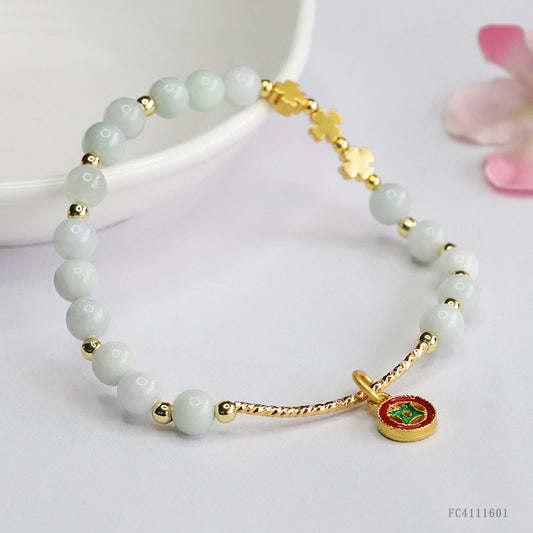 Burmese Grade A Jadeite Bracelet with Gold-Tone Tube & Enamel Charm