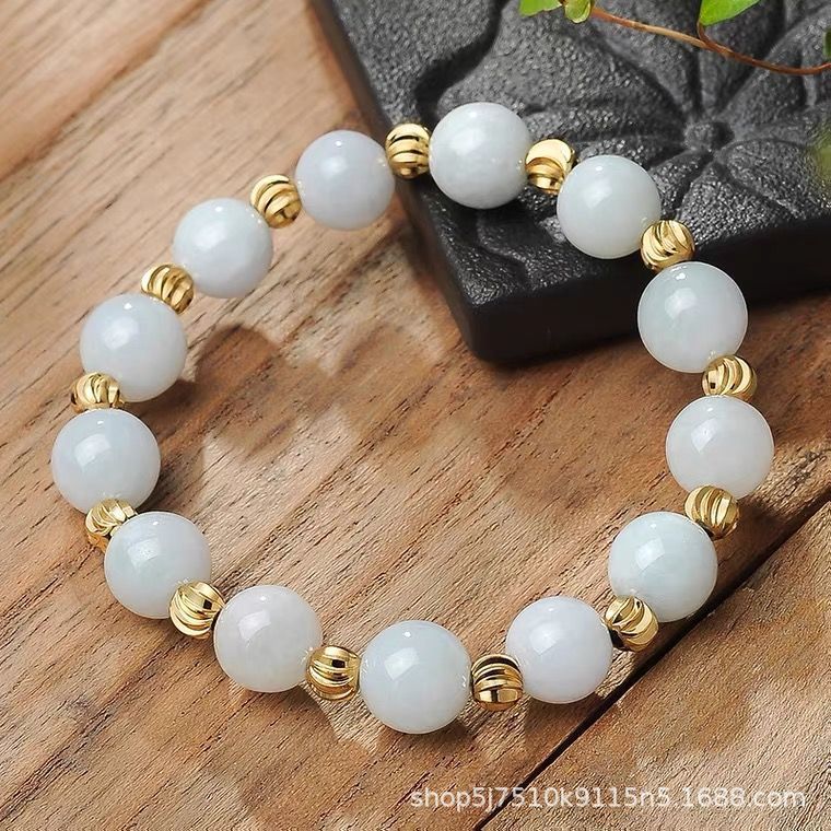 Burmese Grade A Jadeite Jade Beaded Bracelet with Ribbed Gold-Tone Spacers