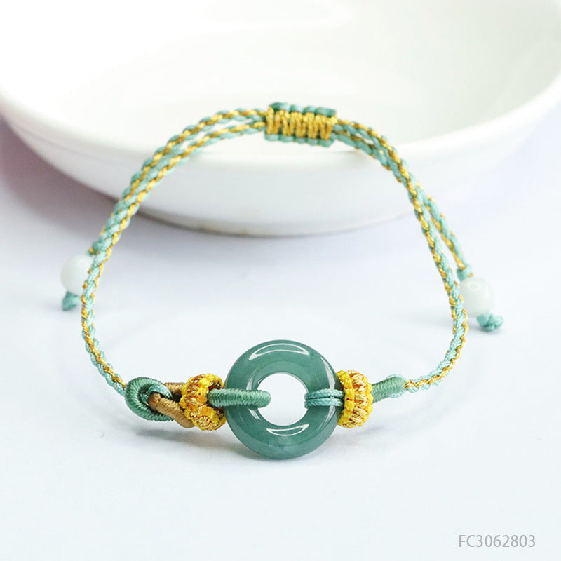 Blue Water Jadeite Peace Buckle Braided Cord Bracelet