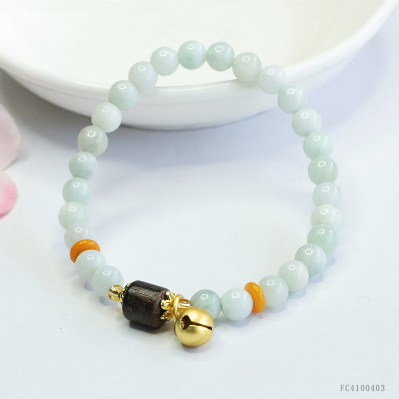 Burmese Grade A Jadeite Jade and Agarwood Beaded Bracelet with Bell Accent