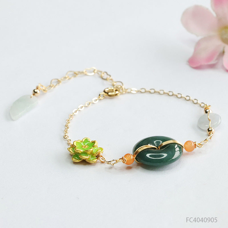 Blue Water Jadeite Ping An Kou and Enamel Lotus Flower Chain Bracelet