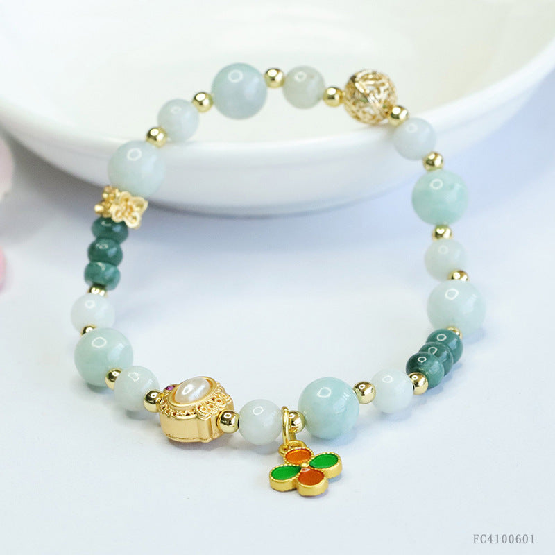 Blue Water and Light Jadeite Jade Beaded Bracelet with Four-Leaf Clover Charm