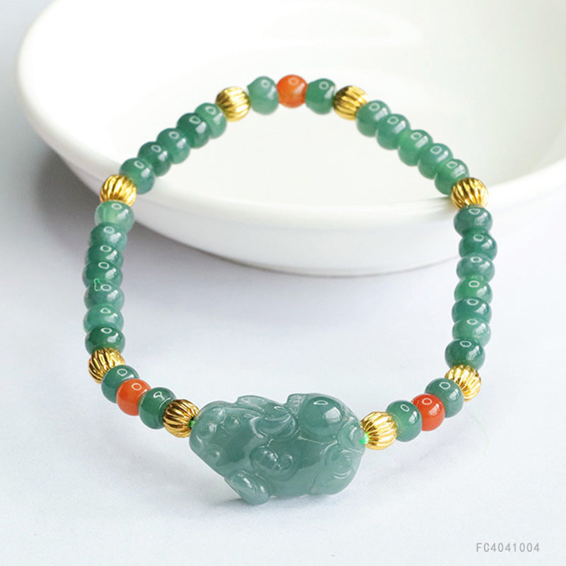 Blue Water Jadeite Jade Pi Xiu Beaded Bracelet with Red Agate Accents