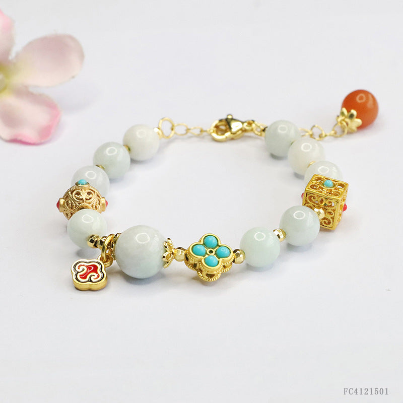 Burmese Grade A Jadeite Jade and Turquoise Accent Beaded Bracelet