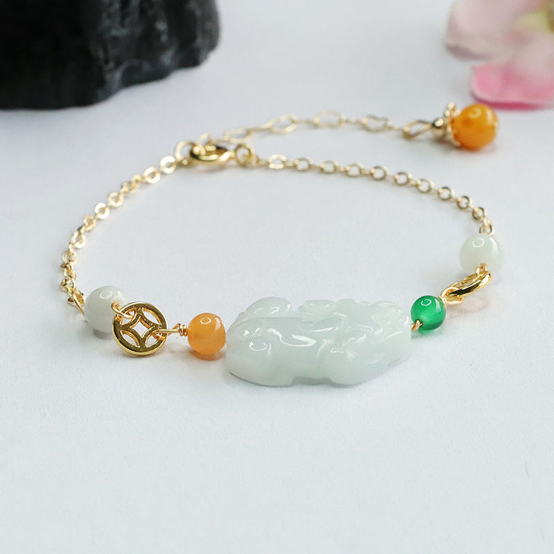 Burmese Grade A Jadeite Jade Pi Xiu Chain Bracelet with Multi-Color Accents