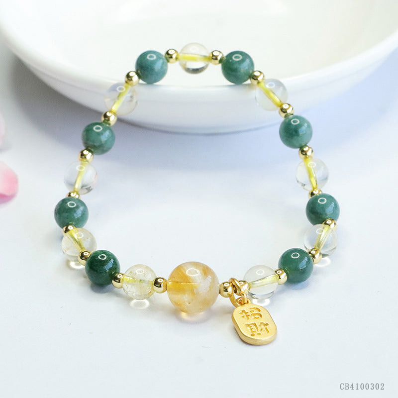 Blue Water Jadeite Jade and Citrine Multi-Gemstone Beaded Bracelet with "Zhao Cai" Wealth Charm