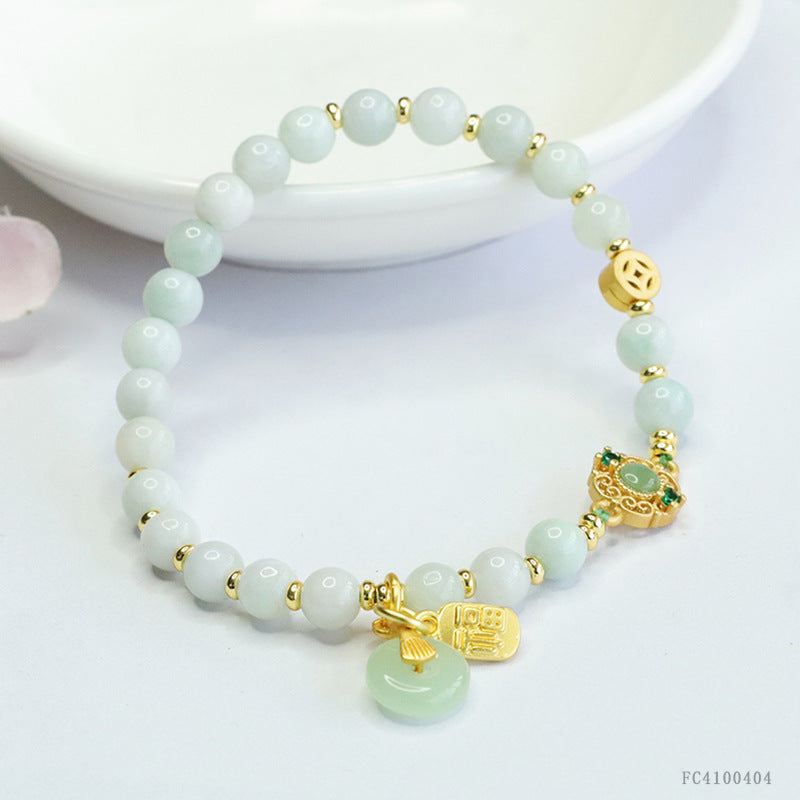Burmese Grade A Jadeite Jade Beaded Bracelet with Auspicious Charms