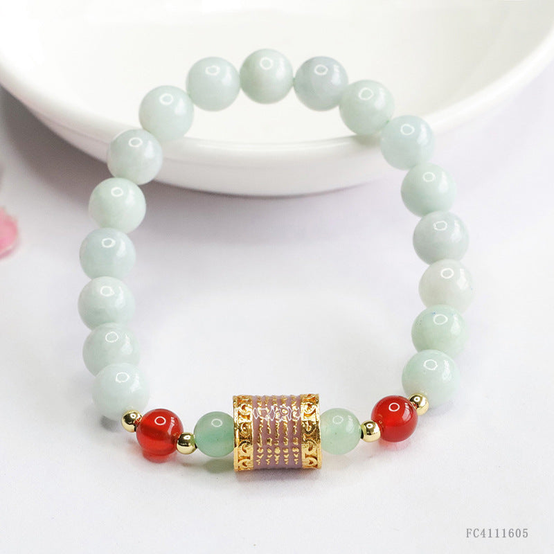 Burmese Grade A Jadeite Jade Beaded Bracelet with Scripture Tube Bead