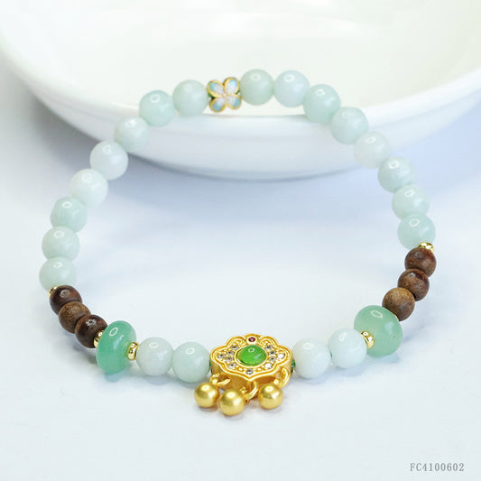 Burmese Grade A Jadeite Beaded Bracelet with Agarwood Accents and Ruyi Lock Charm