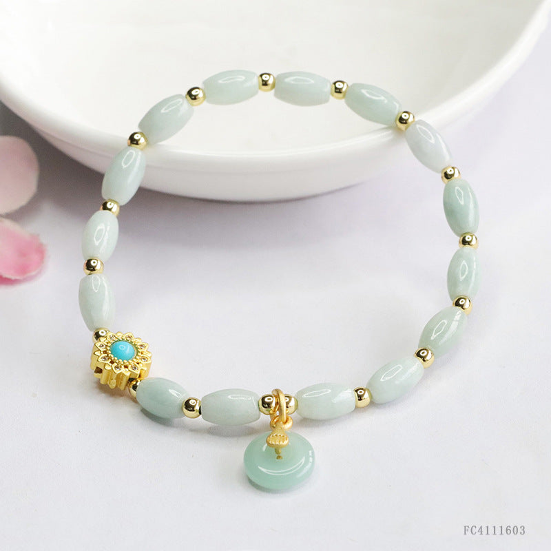 Burmese Grade A Jadeite Rice Bead Bracelet with Ping An Kou Charm and Turquoise Accent
