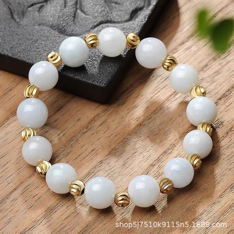 Burmese Grade A Jadeite Jade Beaded Bracelet with Ribbed Gold-Tone Spacers