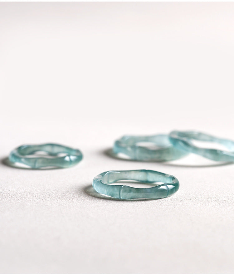 Grade A Ice-Type Blue Water Jadeite Jade Bamboo Design Solid Band Ring