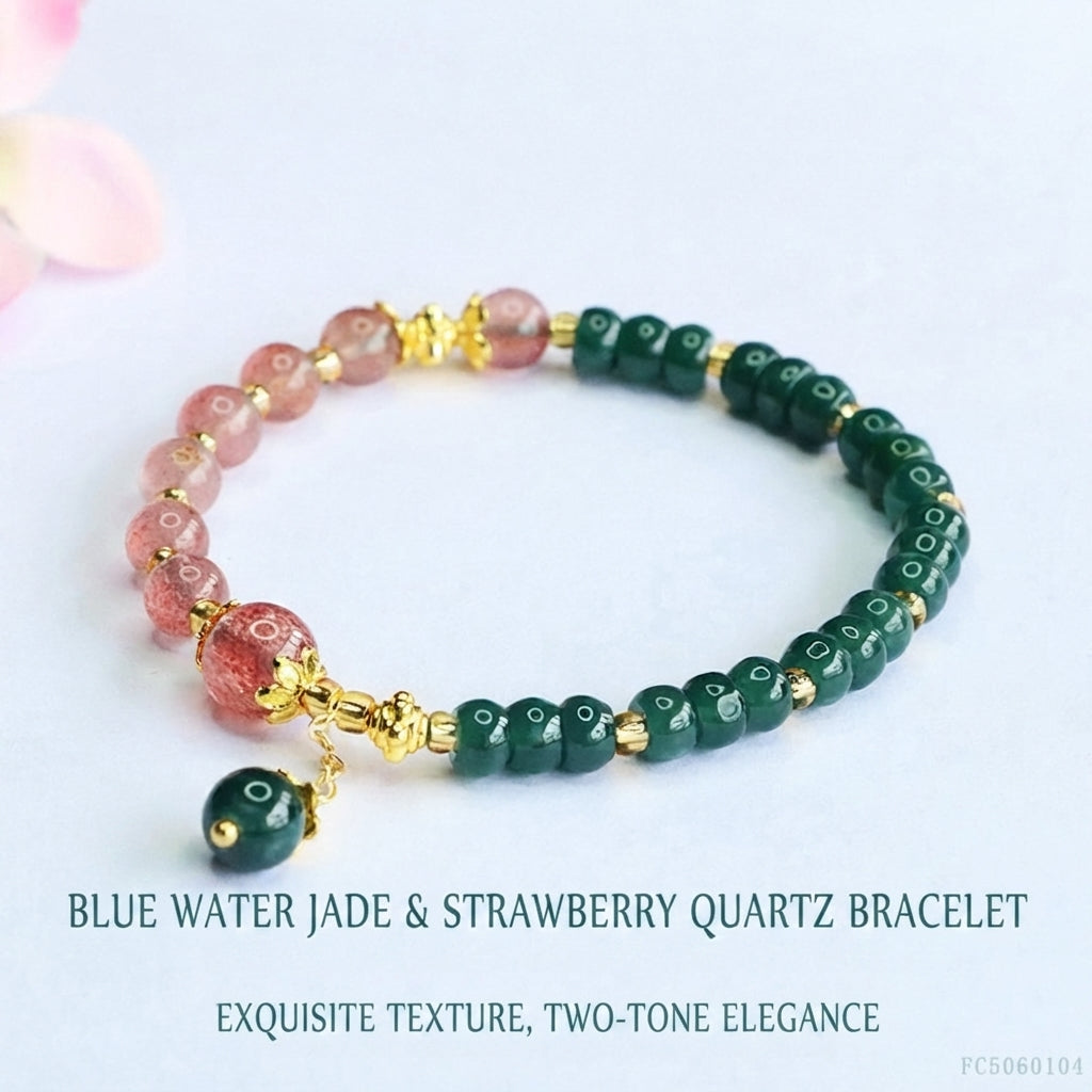 Blue Water Jadeite Jade and Strawberry Quartz Beaded Bracelet with Dangle Charm