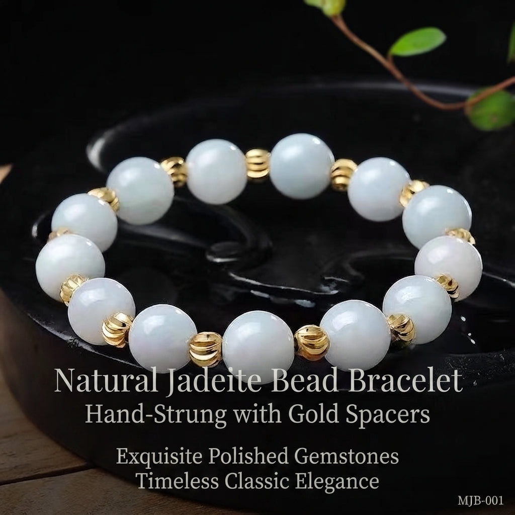 Burmese Grade A Jadeite Jade Beaded Bracelet with Ribbed Gold-Tone Spacers